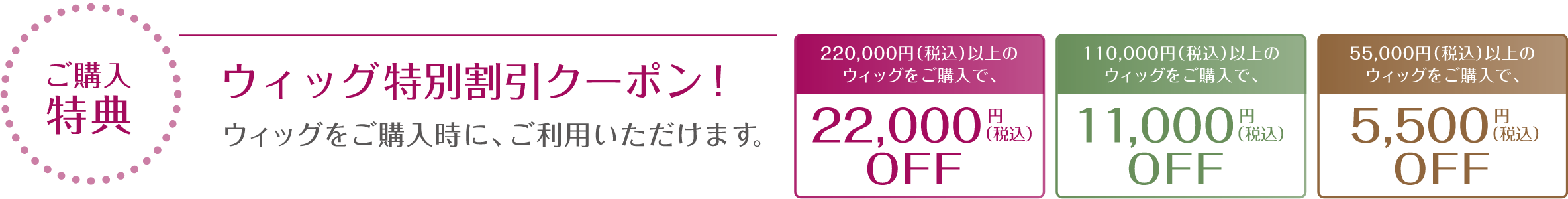 ご購入特典 ウィッグ特別割引クーポン! ウィッグをご購入時に、ご利用いただけます。