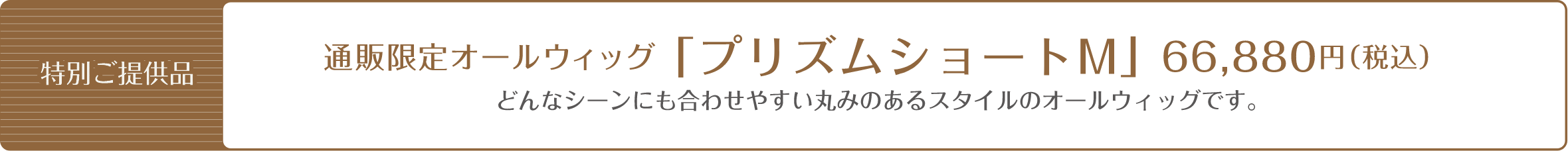 特別ご提供品 通販限定オールウィッグ 「プリズムショートM」 66,880円 (税込) どんなシーンにも合わせやすい丸みのあるスタイルのオールウィッグです。
